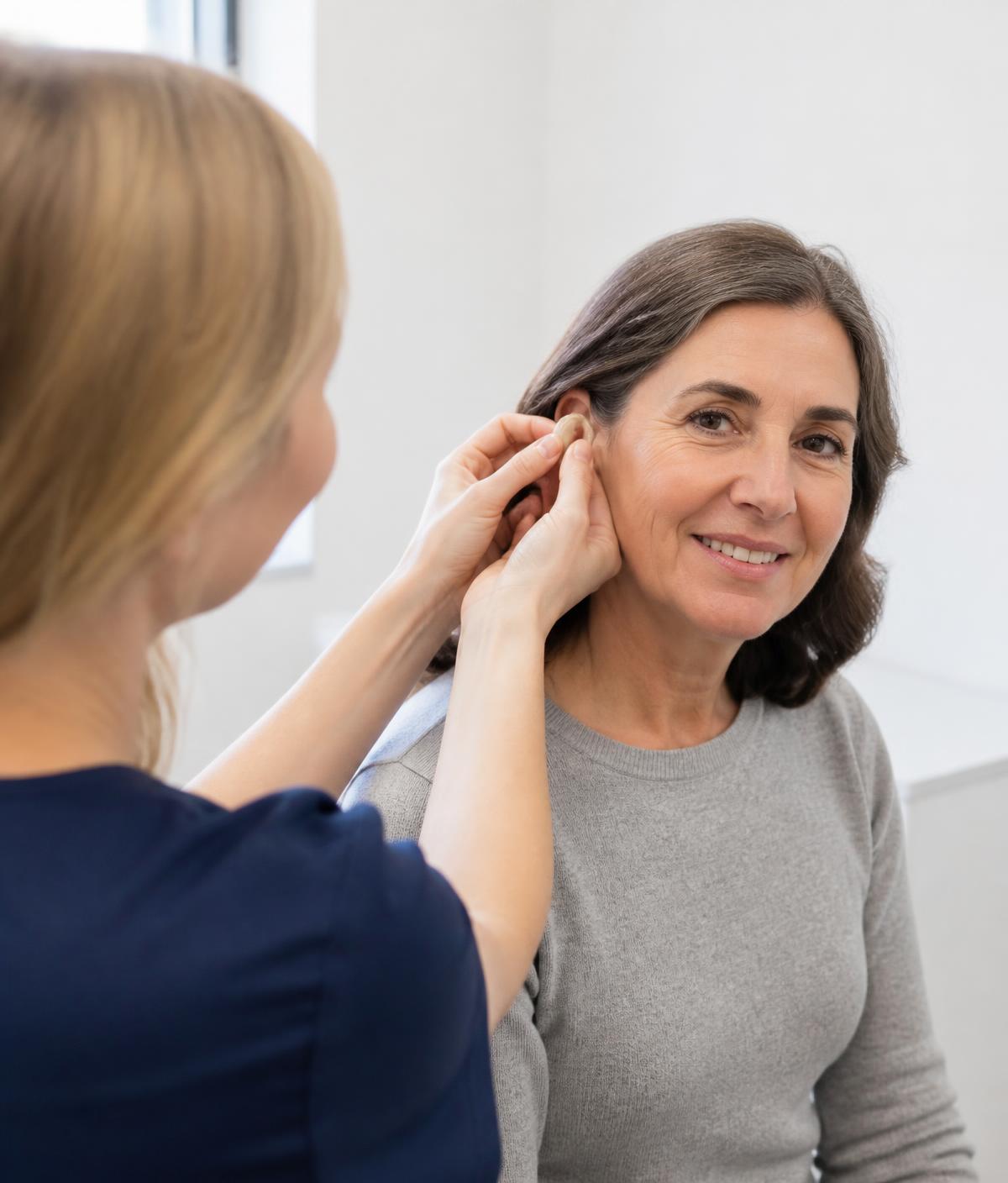 Audiologist fitting a hearing aid for a smiling patient at World of Hearing