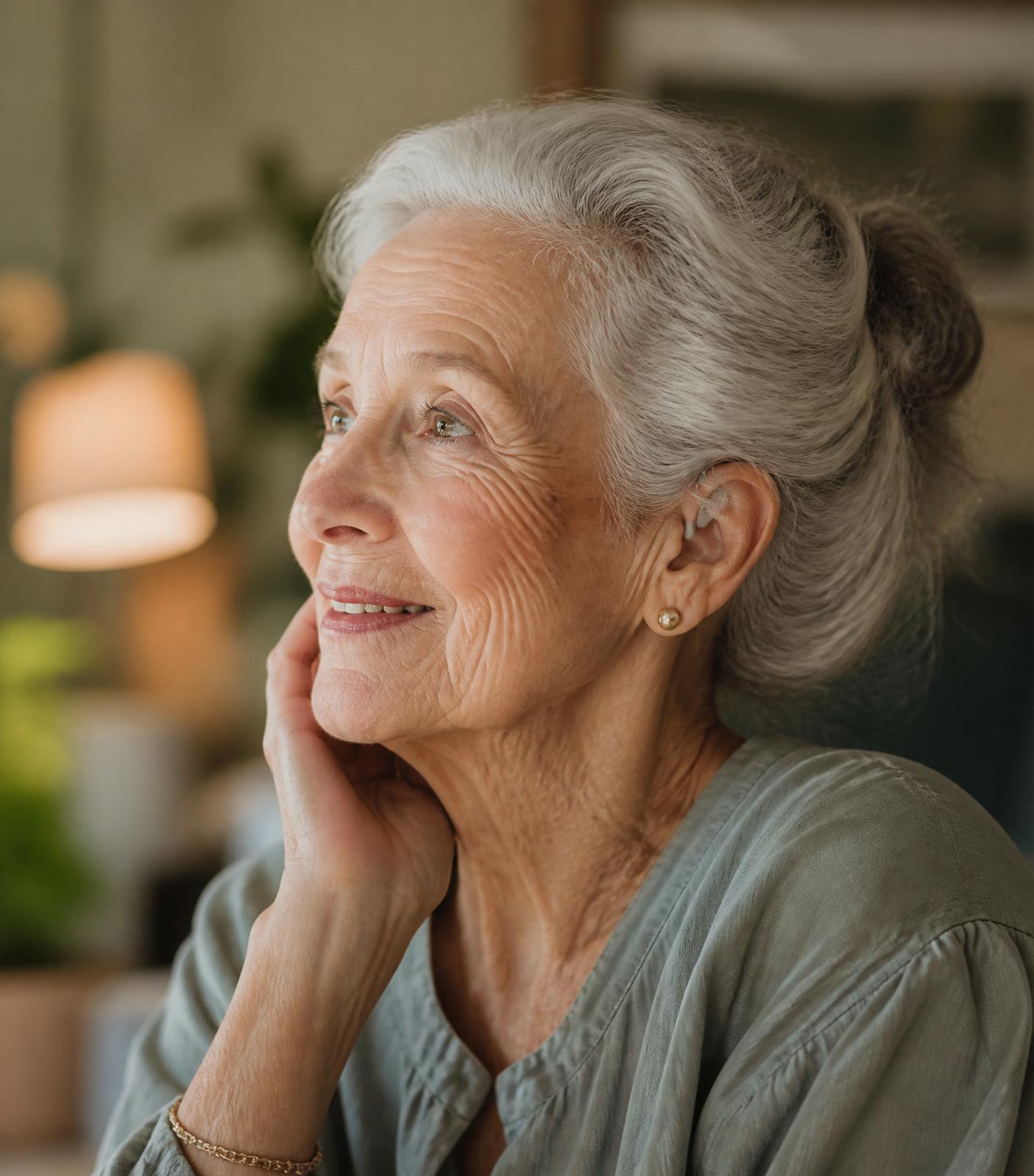 A woman listening intently, wearing a modern hearing aid